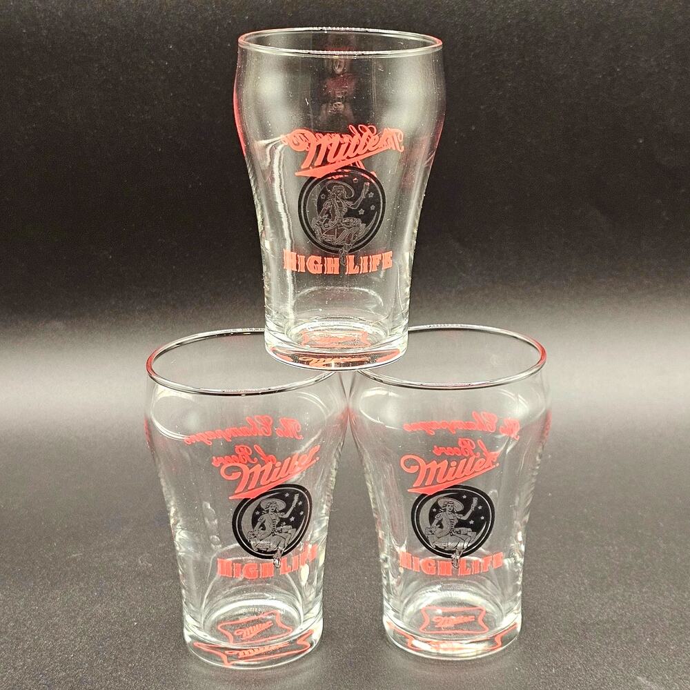 Vintage Miller High Life Mini Tasting Glasses 4 Inch Girl In Moon ACL Set Of 3